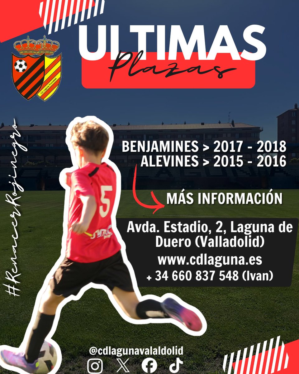 CDLaguna_Info's tweet photo. ⚠️ ÚLTIMAS PLAZAS ⚠️

Si tu hijo ha nacido entre 2015 y 2018, ¡lo estamos buscando! 🙌🏼

Todavía nos quedan plazas para nuestros equipos de benjamines y alevines para esta nueva temporada ¡Consulta tus dudas y únete al renacer! 🫵🏼

#SentimientoLagunero #RenacerRojinegro https://t.co/YpcVIFTu1U