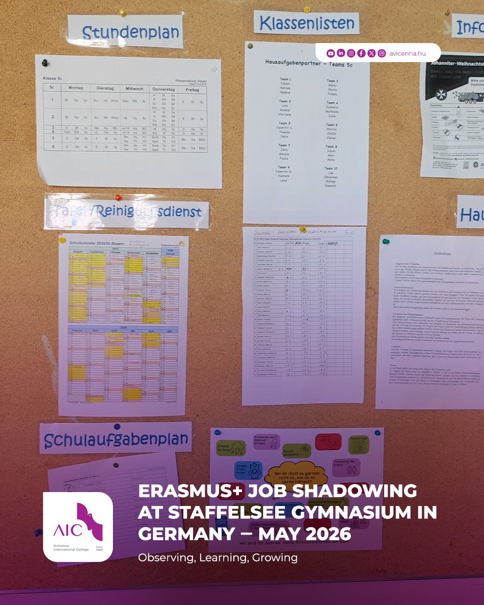 Avicennahu's tweet photo. Great schools don't just educate students. They continuously educate their teachers.

That belief took one of our educators to Germany through the Erasmus+ Job Shadowing Programme and brought back 10 practical ideas to strengthen teaching and learning at AIC. https://t.co/A5xuph72em