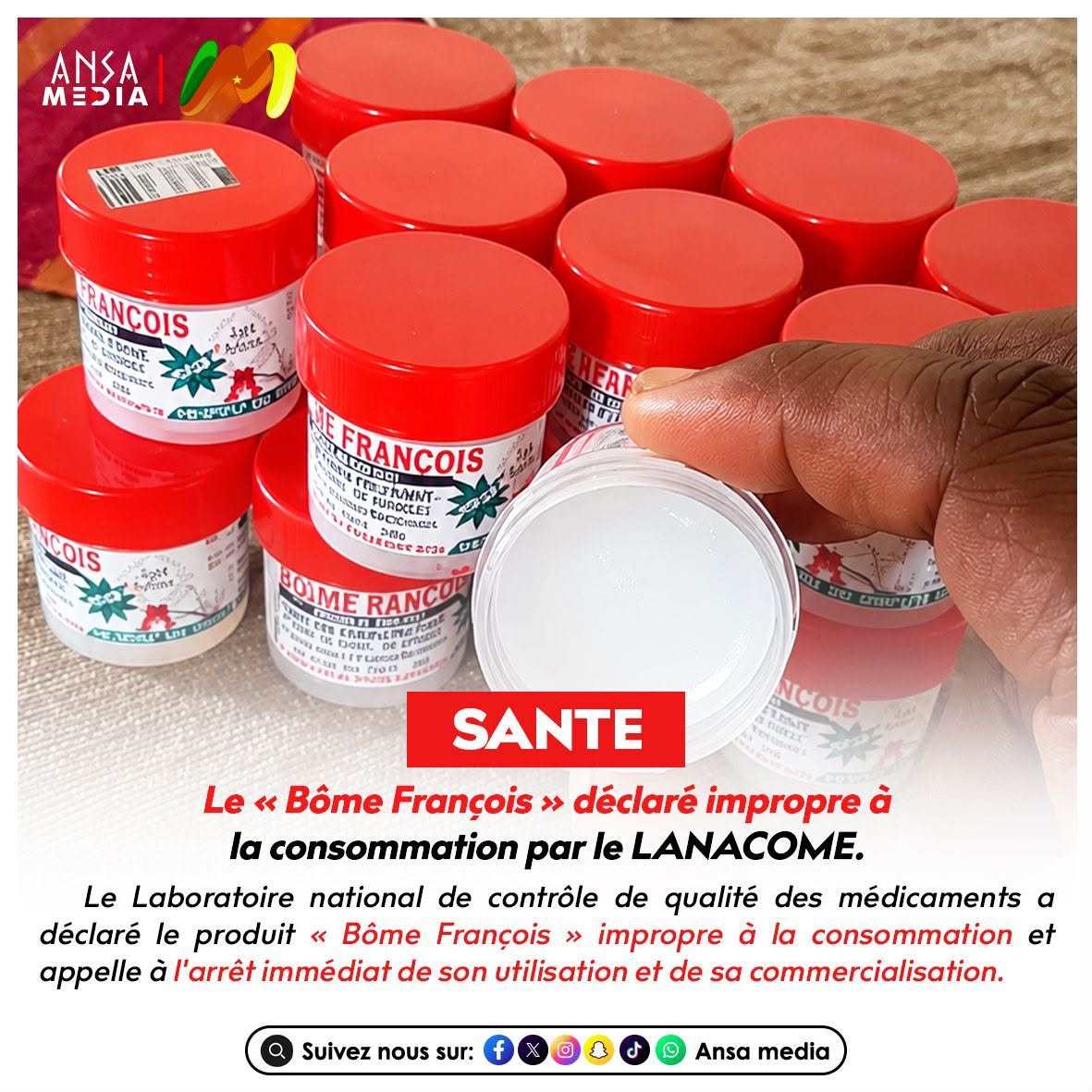 AnsaMedia237's tweet photo. Le « Bôme François » déclaré impropre à la consommation par le LANACOME.
Découvrez pourquoi ici : https://t.co/WkDQphnVQg
#LANACOME #Santé #AlerteSanitaire #BômeFrançois #Cameroun #AnsaMedia https://t.co/KF8iysO5Fg