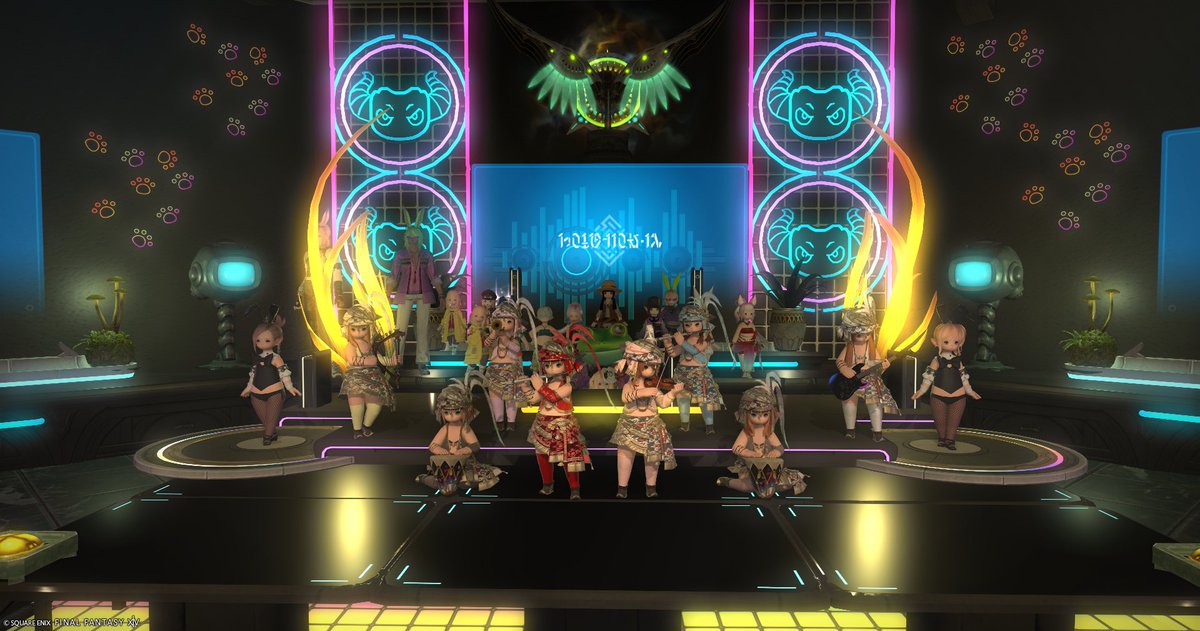 Task_D_FF14's tweet photo. 曜夜は #ララミス歌劇団 「Disco＆Party Night！」へ🎼
アルカディアの演奏を聴きながらしみじみ思い出していました。今回初めて現行でレイドを進められたけど、どのキャラも個性が際立ってて本当に面白かったですねぇ！
 ちなみにフレの一人は【ヤーン】のミラプリをしつつ、トラウマで震えてました🤣 https://t.co/rIQfEuMeYT