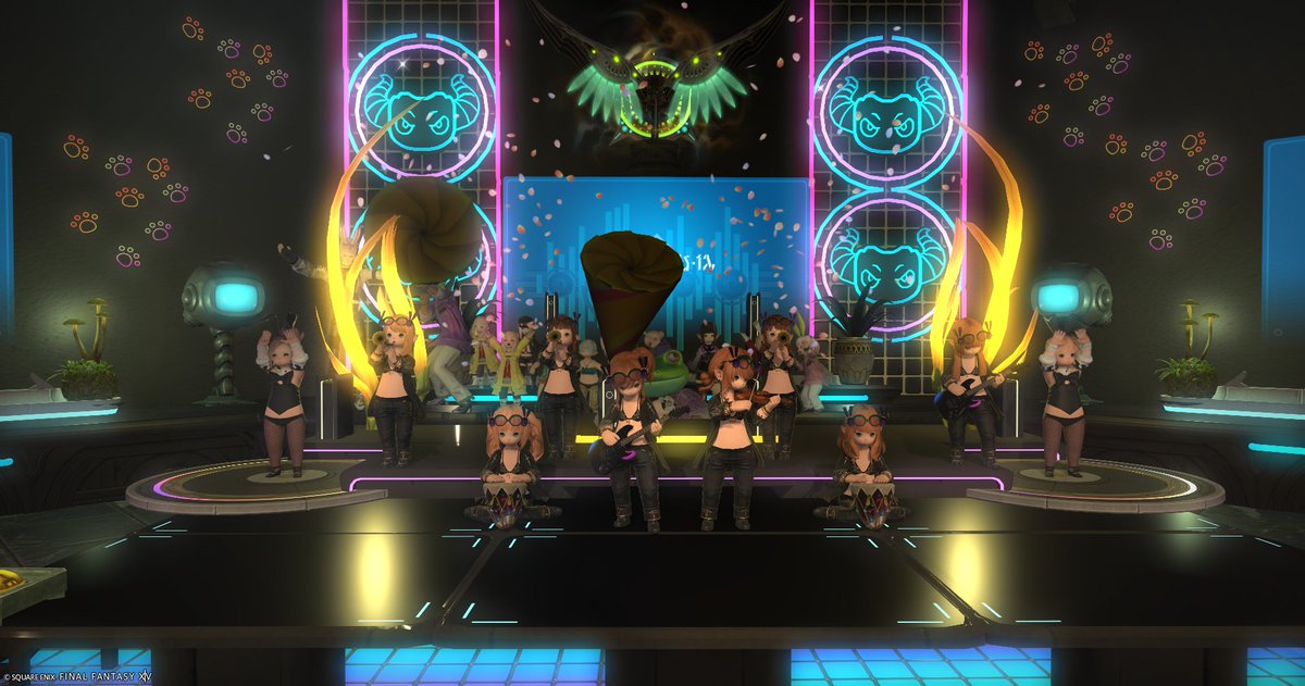 Task_D_FF14's tweet photo. 曜夜は #ララミス歌劇団 「Disco＆Party Night！」へ🎼
アルカディアの演奏を聴きながらしみじみ思い出していました。今回初めて現行でレイドを進められたけど、どのキャラも個性が際立ってて本当に面白かったですねぇ！
 ちなみにフレの一人は【ヤーン】のミラプリをしつつ、トラウマで震えてました🤣 https://t.co/rIQfEuMeYT