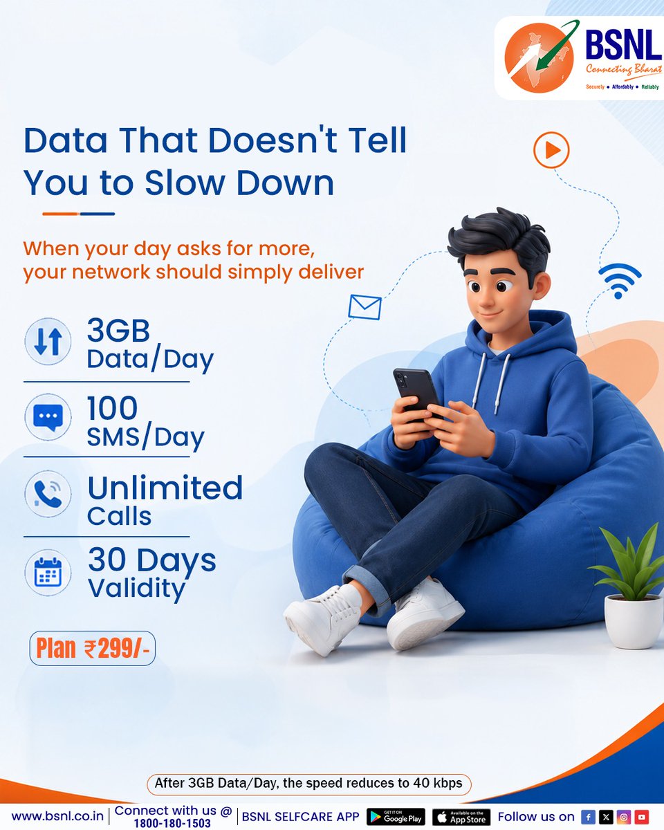 BSNLCorporate's tweet photo. Your everyday deserves more.
Recharge with the BSNL ₹299 Plan and keep your day moving without missing a moment.
#BSNLIndia #StayConnected #InternetForEveryone #DigitalLife #IndiaOnline #BSNLServices #SmartIndia #EverydayConnectivity #299plan @CMDBSNL @robertravi21 https://t.co/PCT1jw5uZ0