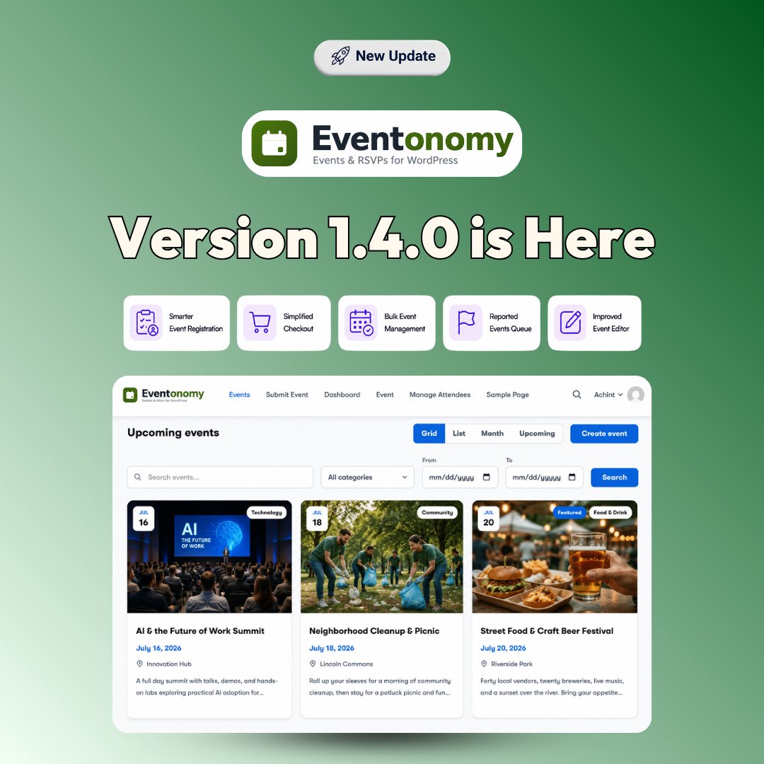 wbcomdesigns's tweet photo. Eventonomy v1.4.0 released.
Adds event moderation, bulk actions, custom registration questions, improved checkout, mobile app sign-in, and major reliability, performance, and security improvements.
π https://t.co/LzCbHrrKMD
#WordPress #Eventonomy #PluginUpdate #WbcomDesigns https://t.co/9GWXnO4AET