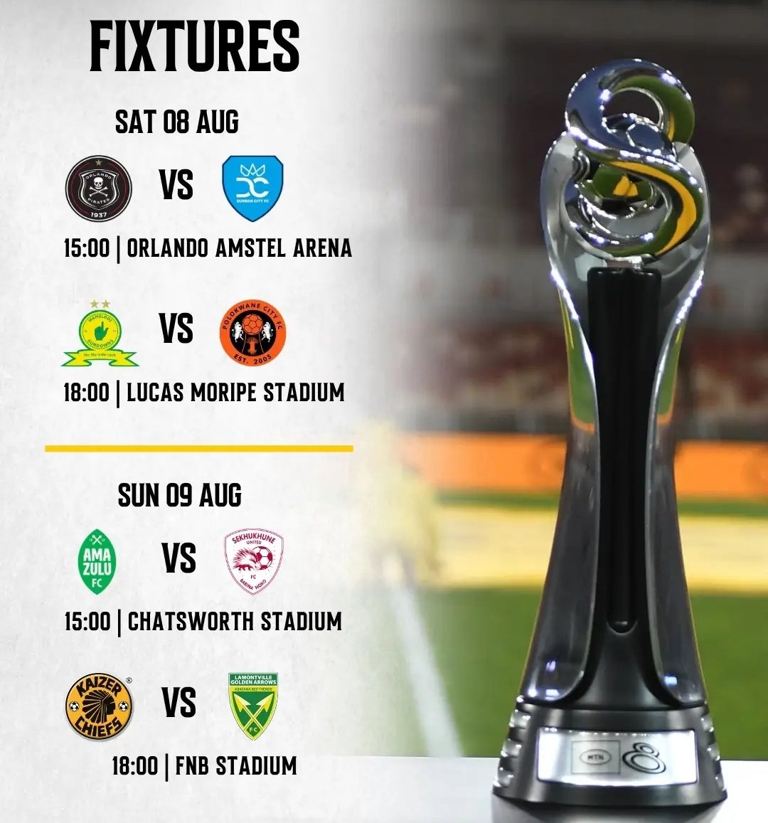 O_jay5106's tweet photo. Sunday, 9 August 2026. Put a circle around it. ⭕️🗓️
The #MTN8 quarter-final brings Golden Arrows straight to our fortress at FNB Stadium. New season, fresh energy, and one absolute mission: Bring home the cup!
Who is ready to pack the stands and roar the boys to victory? https://t.co/wkkG6aQUPy