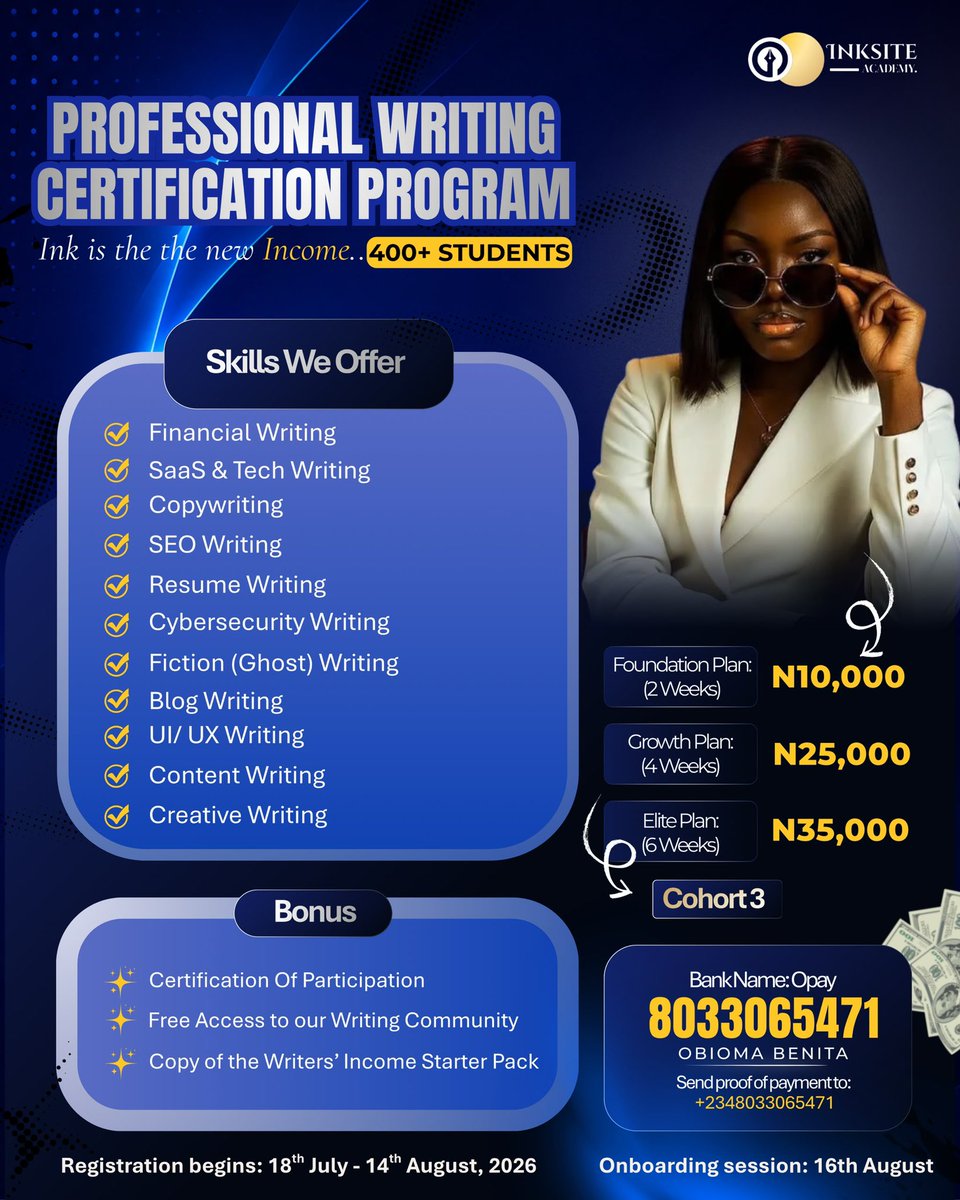 Chioma__Amadi's tweet photo. If you're looking to make money from writing, STOP relying on random YouTube videos and free PDFs.

What you need is structured, practical training that teaches the exact skills clients pay for.

Inksite Academy is currently hosting The Professional Writing Certification Program. They’ll offer you hands-on training, a recognized certificate, a supportive writing community, and a Writers' Income Starter Pack to help you start earning.

400+ students have already joined.

Cohort 3 is now open. 
Find additional details on the flyer and secure your slot. 

You can join the waitlist here:
https://t.co/eBPPkPalBn