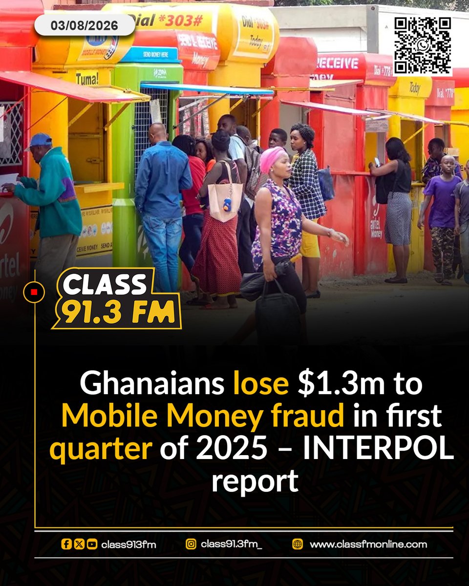Class913fm's tweet photo. Ghana lost over $1 million to MoMo fraudsters in 2025 - Interpol report

Read more: https://t.co/bpqCl8vmjI

#cmgrebranding #ClassFM https://t.co/P791t0Ydar