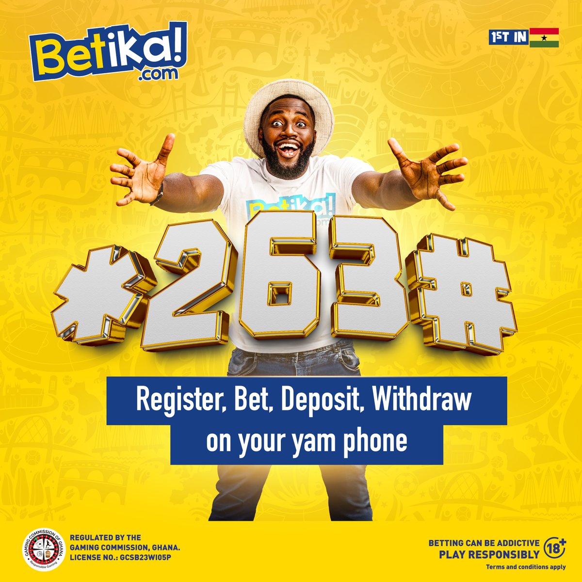 Betika_Ghana's tweet photo. You no get smartphone? No problem. Dial *263# to register, deposit, withdraw, and BET on your yam phone. It's a first in Ghana. This year, nobody is getting left out. 

#Betikagh #WelcomeOffer #BetikaApp #SeasonNoApilki #USSD https://t.co/mv2MHIHlU3