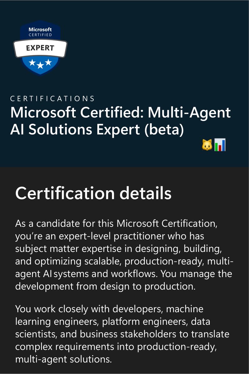 cattodata's tweet photo. [สาระเอไอ] Microsoft เปิดตัวใบเซอร์ใหม่สาย Agentic AI 🐱🔥 ตัวนี้เป็น 3 ดาว (ระดับ Expert) Microsoft Certified: Multi-Agent AI Solutions Expert ⭐⭐⭐ 

ใครสนใจไปลงสอบกันได้ เราลงไปละ ใช้ Voucher ที่ได้จาก AI Skills Fest 2026 สอบฟรี ใครมีอย่าลืมไปใช้นะ ราคาเต็มสอบตอนนี้อยู่ที่ 140 USD ฮะ 

🎓 Microsoft Certified: Multi-Agent AI Solutions Expert สอบด้วย Exam AI-500: Designing and Implementing Multi-Agent AI Solutions

ตัวใหม่นี้เน้นการออกแบบและพัฒนาระบบ Multi-Agent AI ที่พร้อมใช้จริงในองค์กร ตั้งแต่
 - การออกแบบสถาปัตยกรรม Multi-Agent
- Agent orchestration และการเชื่อมต่อ Tools
- Microsoft Foundry และ Azure
- MCP, RAG, Microsoft Agent Framework และ LangGraph
- Evaluation, Monitoring และ Optimization
- Security, Governance และ Deployment

โดยก่อนจะได้ใบ Expert นี้ ต้องมีใบ AI-103: Microsoft Certified: Azure AI Apps and Agents Developer Associate ก่อน 

AI-103 ก็ตัวใหม่อีกนั่นแหละ จะเน้นพื้นฐานการสร้าง AI Apps และ Agents บน Azure เช่น Generative AI, Agentic AI, Computer Vision, Text Analysis และ Information Extraction โดยใช้ Python และ Microsoft Foundry

ส่วน AI-500 ตอนนี้ยังอยู่ในช่วง Beta คาดว่าจะเปิดสอบทั่วไปประมาณเดือนตุลาคม 2026 (เราลงสอบไว้ ตค เลย ไม่ชอบลุ้น55 หวังว่าจะเป็นตัวปกติแล้ว) 

ปกติ Microsoft ออกเซอร์ 3 ดาว Expert น้อยมาก ตัวนี้น่าสนใจๆๆ โฟกัสเรื่อง Multi-Agent AI โดยตรงแล้ว แปลว่าเรื่อง Agent Architecture, Orchestration, MCP, RAG, Evaluation และ Governance กำลังกลายเป็น Skill หลักของคนทำ AI ในระดับ Production มาก

#cattodata #สาระเอไอ #AI500 #AI103 #MicrosoftCertification #microsoft #azure