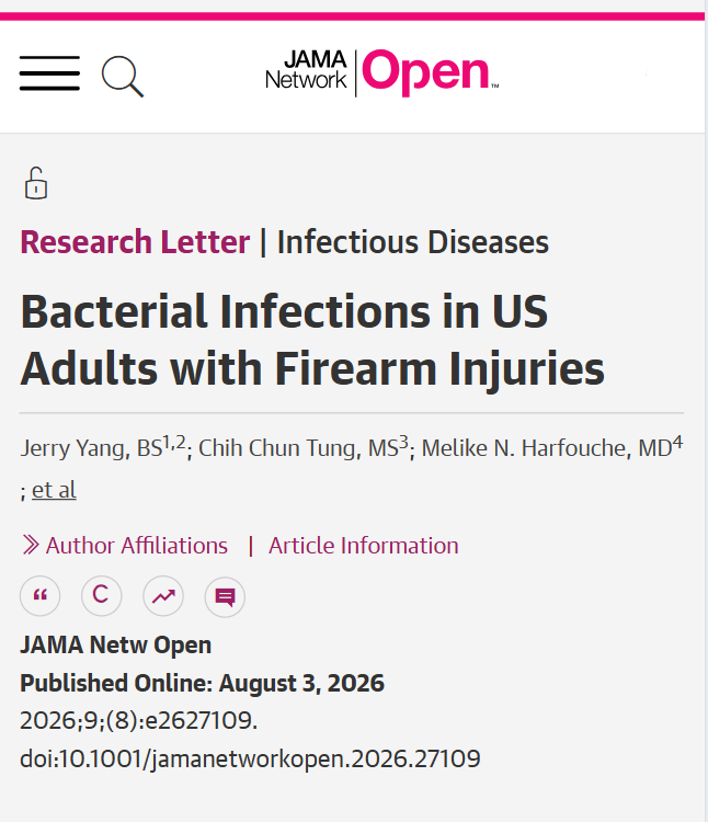 JAMANetworkOpen's tweet photo. Among patients with #FirearmInjuries, only 1 in 23 developed a bacterial infection during their index hospitalization; new infections rarely developed during follow-up. Those who needed head, neck, spine, or colon surgical procedures were at highest risk. https://t.co/8jlpcd9Vfh https://t.co/OnBAtBdcvV