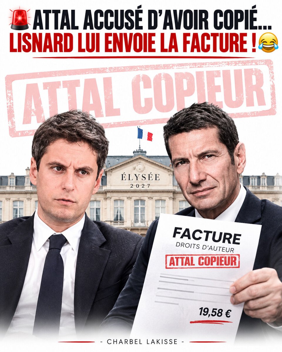 charbofficiel's tweet photo. 😂 Celle-là, il fallait oser.

David Lisnard accuse Gabriel Attal d’avoir repris plusieurs propositions déjà défendues par son mouvement Nouvelle Énergie. Pour faire passer le message, il ne s’est pas contenté d’un simple tweet.

Il lui a carrément envoyé une « facture de droits d’auteur ». 🤣

Référendums, quotas migratoires, baisse de la dépense publique, exécution des peines, retraites… Lisnard estime que tout ça figurait déjà dans son programme bien avant les annonces d’Attal.

Montant de la facture : 19,58 €, avec une « majoration pour usage sans citation ». Il fallait y penser. 😂

Le document est évidemment satirique et ne constitue pas une preuve juridique de plagiat. Mais en termes de communication politique, le tacle est bien envoyé.

Attal veut incarner le renouveau 😂 

Non seulement son bilan est catastrophique mais en plus il pique les idées du voisin 🤡

Source : publication de David Lisnard sur X (2 août 2026)
