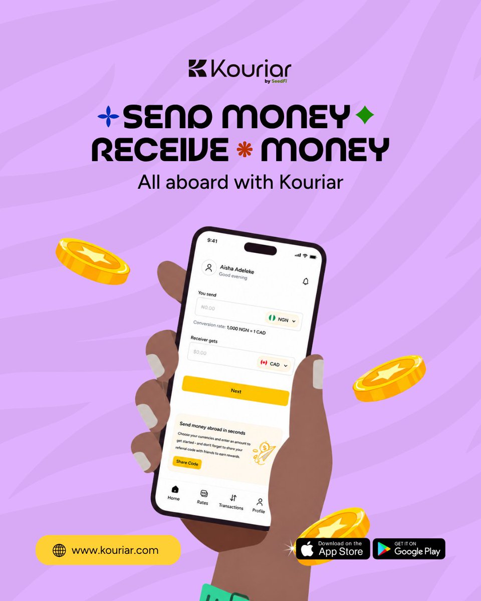 UseKouriar's tweet photo. ✈️ Next stop: Seamless money transfers.

Whether you're sending money home or receiving support from loved ones, Kouriar makes every transfer simple, secure and right on schedule.

Ready to board? Download Kouriar today.

#Kouriar #BuiltForLifeAcrossBorders #LifeAcrossBorders https://t.co/WTzJsdWmnk