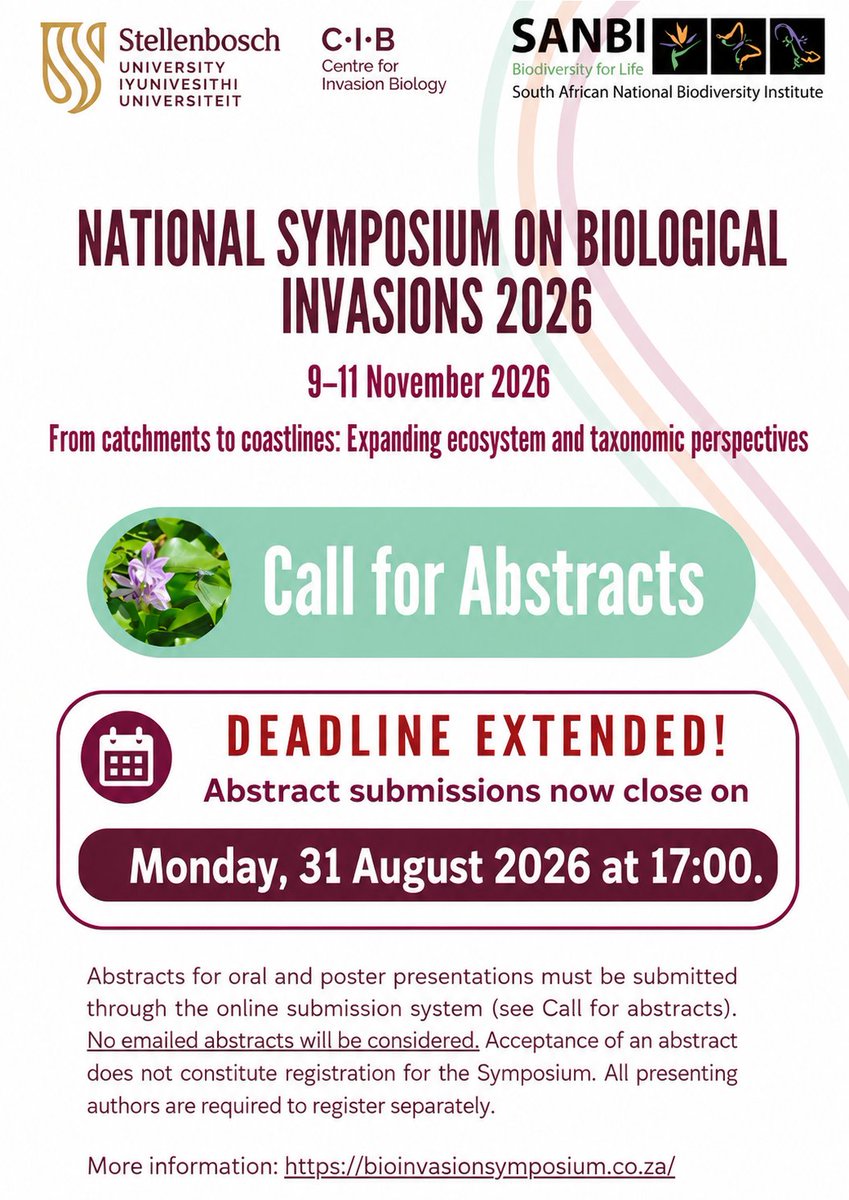 InvasionScience's tweet photo. Abstract submission deadline for the National Symposium on Biological Invasions 2026 extended to 31 August 2026. https://t.co/TYypirXtyS