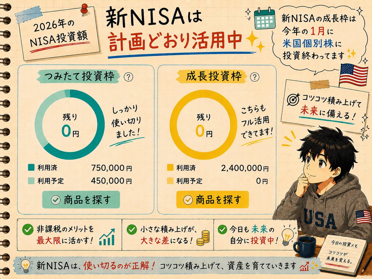 YuruUSIncome's tweet photo. 新NISA成長投資枠は、
今年1月に米国個別株へ投資完了✨🇺🇸

非課税枠は使えるなら
しっかり使いたい派です。

焦らず、
コツコツ積み上げるだけ😊

あとから
「あの時やって良かった」と
思える未来を目指します。

みなさんは、
新NISAの成長枠は使い切りましたか？

#新NISA #米国株 #投資 #資産形成 https://t.co/TN8PUyjtlP