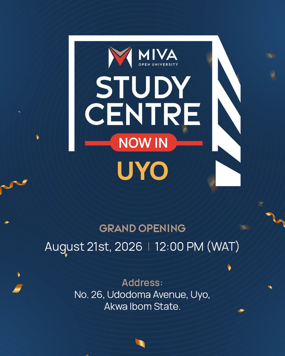 mivauniversity's tweet photo. Our newest Study Centres are opening soon, and we cannot wait to welcome you!

Miva Stars in Ogun, Oyo, and Akwa Ibom states will now have dedicated spaces to study, collaborate, connect with other students, and receive in-person support.

Join us for the official openings:

📍 OGUN STATE
Heritage House, MKO Abiola Way, Abeokuta
11 August 2026 | 12:00 PM WAT

📍 OYO STATE
No. 20 Race Course Road, off Adekunle Fajuyi Road, opposite Lekan Salami Stadium Gate 2, Adamasingba, Ibadan
13 August 2026 | 12:00 PM WAT

📍 AKWA IBOM STATE
No. 26 Udodoma Avenue, Uyo
21 August 2026 | 12:00 PM WAT

Follow us for opening-day updates and news about more Study and Community Centres coming soon. 💙

#MivaOpenUniversity #Miva #StudyCentres #MivaStudyCentres