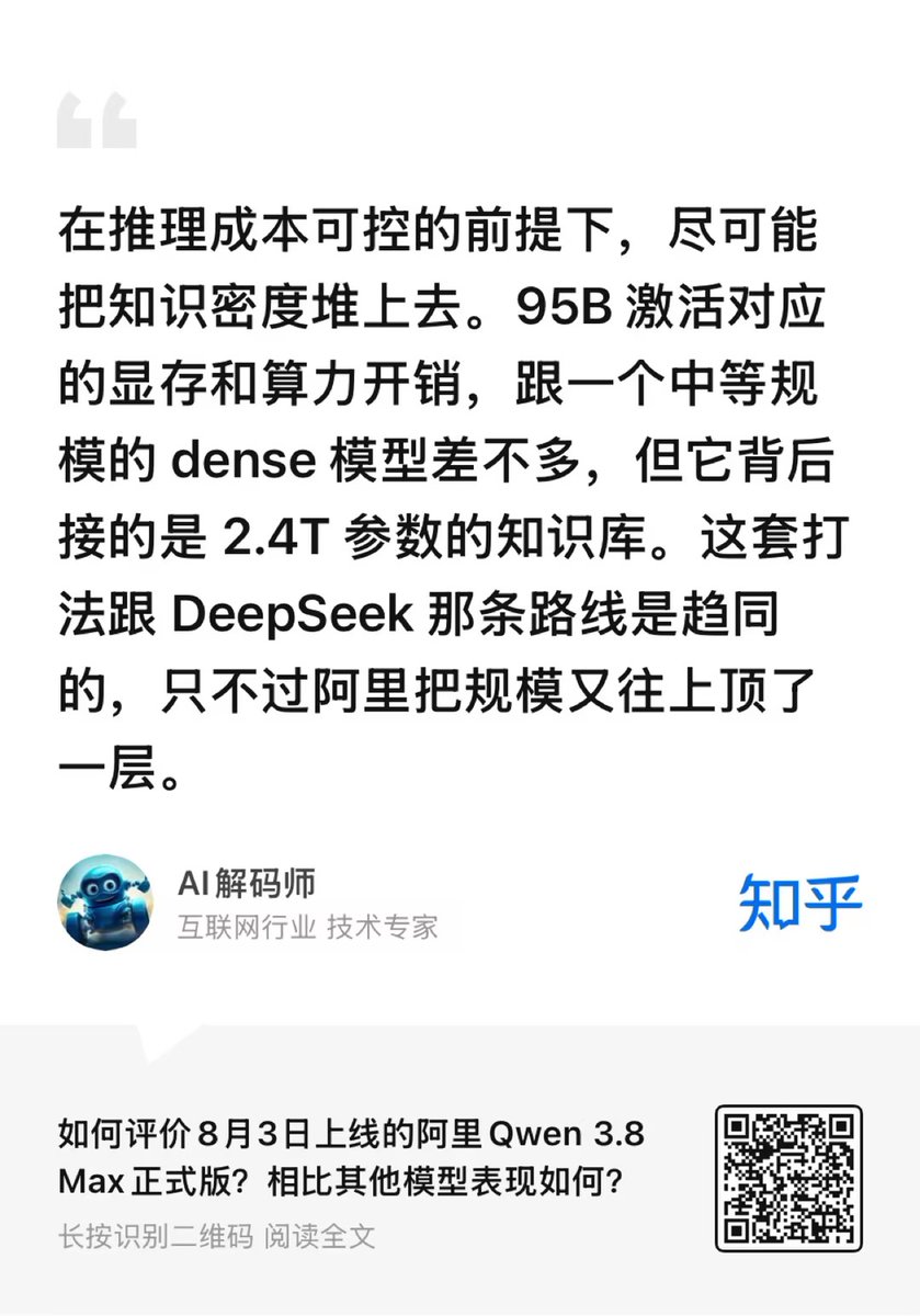 ZhihuFrontier's tweet photo. 🚀 Alibaba Is Taking Qwen3.8-Max Open-Weight
Alibaba launched Qwen3.8-Max today with 2.4T total parameters, 95B active parameters and a one-million-token context window.
It also says the Max weights and Qwen3.8-27B will be released next week.
Zhihu contributor AI解码师 sees this as a strategic shift: Alibaba is choosing open ecosystem influence over keeping its strongest model exclusive to paid APIs.

1️⃣ Why open the Max model now?
Alibaba’s previous Max models remained closed, while its open-weight lineup stopped around Qwen3-235B.
The author argues that DeepSeek and other open models have weakened the premium of closed systems. Opening Qwen3.8-Max allows Alibaba to compete for developers, infrastructure support and downstream adoption at the 2.4T scale.

2️⃣ Extreme sparsity keeps inference manageable
Only 95B of Qwen3.8-Max’s 2.4T parameters are activated per token, an activation rate of roughly 4%.
Qwen3-235B-A22B activates close to 10%. Qwen3.8-Max therefore uses much higher sparsity to access a larger parameter pool without paying dense-model inference costs.
The author expects offloading to make experimentation possible for more teams. Actual deployment requirements will remain unclear until the weights, quantized versions and serving tools are released.

3️⃣ Its main strength is long-horizon work
Qwen3.8-Max performs strongly on tasks requiring long contexts and repeated tool use:
🔹 PaperBench: 93.0, ahead of Fable 5 at 88.8
🔹 CoWorkBench: 74.8, close to 75.9
🔹 WideSearch: 81.9, roughly level with 81.2
These benchmarks test paper reproduction, professional work and deep search. The model must preserve one objective across many interactions instead of solving an isolated question.
The API also offers low, medium and xhigh reasoning-effort modes. Support for both OpenAI and Anthropic protocols makes it easier to test inside existing coding-Agent workflows.

4️⃣ Real projects show both progress and limits
The author tested Qwen3.8-Max on two coding tasks.
It migrated a Vue 2 component to Vue 3 with performance close to Claude.
On a harder task involving OpenTelemetry instrumentation across a Python service, it missed several edge-case spans. Cross-file reasoning and exhaustive coverage still lag behind the strongest closed models.

5️⃣ The pricing is aggressive
International API pricing is listed at:
· $2 per million input tokens
· $6 per million output tokens
· $0.25 per million cached tokens
According to the author, this is around one-quarter to one-sixth of leading Claude or GPT prices.
Cached input is particularly useful for Agents, which repeatedly reuse long prompts, codebases and tool histories.

🔑 Alibaba’s two-front strategy
Qwen3.8-Max targets closed models with a low-cost API while using open weights to attract researchers, infrastructure providers and private-deployment users.
As frontier models become more accessible, competition will increasingly move toward training data, Agent Harnesses, verification and production infrastructure.

Official release:
https://t.co/aYDH9vUQHw

🔗 Full Reading:
https://t.co/Od5M2bJvyL

#Qwen38Max #Alibaba #OpenModels #AIAgents #CodingAgents #AIInfrastructure