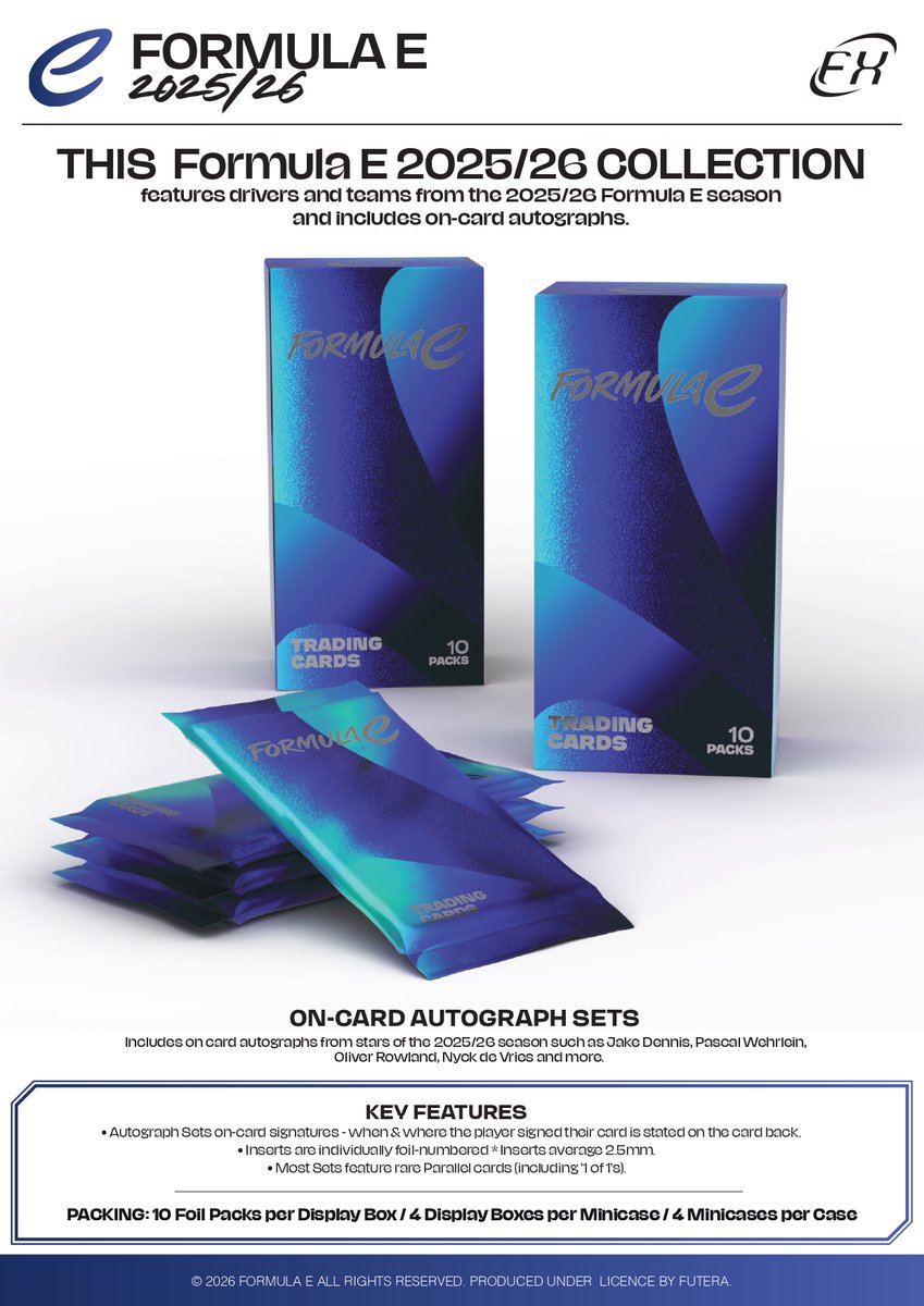 MintHeadquarter's tweet photo. 【製品情報】
2026年9月以降 発売予定
▼ 2025-26 FUTERA FORMULA E HOBBY 
https://t.co/ZQa8UxkgUi 

人気急上昇中のモータースポーツ、フォーミュラEのトレーディングカードが発売！

2025-26シーズンのスターたちの直書きサインが封入！

#トレカ発売情報 https://t.co/ovWExo6J3z