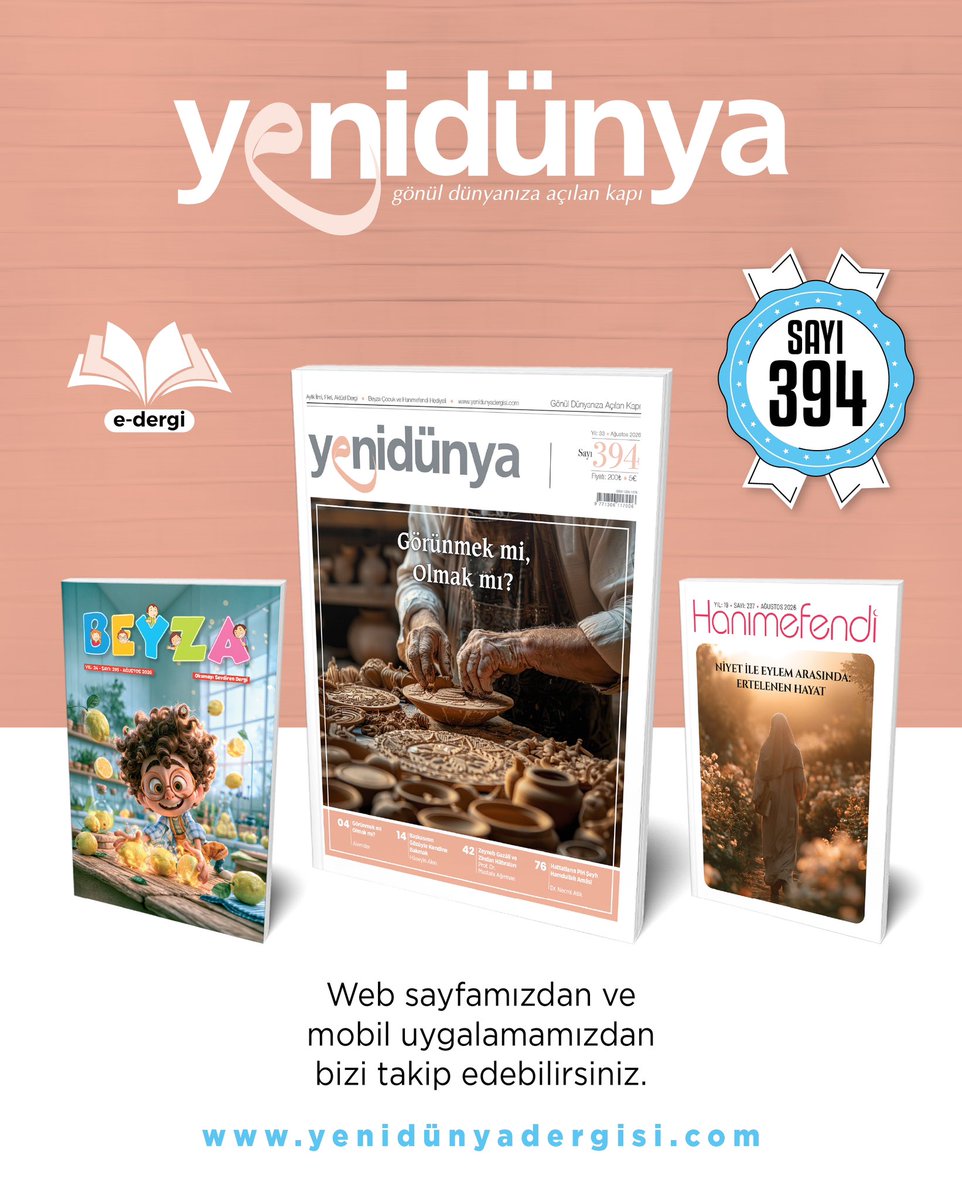 yenidunyadergsi's tweet photo. Görünmek mi, Olmak mı?

Kalabalıkların alkışını mı arıyoruz, yoksa Rabbimizin rızâsını mı?

Beğenilmenin değerli olmakla, görünmenin hakikî olmakla karıştırıldığı bir çağda; Yenidünya Dergisi'nin 394. sayısında bu önemli sorunun peşine düştük.

📖 Kapak dosyamızda;
• İhlâs ve samimiyet
• Şahsiyet inşâsı
• Riyâ tehlikesi
• Dijital çağda görünür olma arzusu
• Hakiki insan olmanın ölçüleri

birbirinden kıymetli yazarlarımızın kaleminden ele alınıyor.
Çünkü insanı değerli kılan, nasıl göründüğü değil; nasıl olduğudur.

Yenidünya Dergisi
Türkiye'nin Bilgi Birikimi