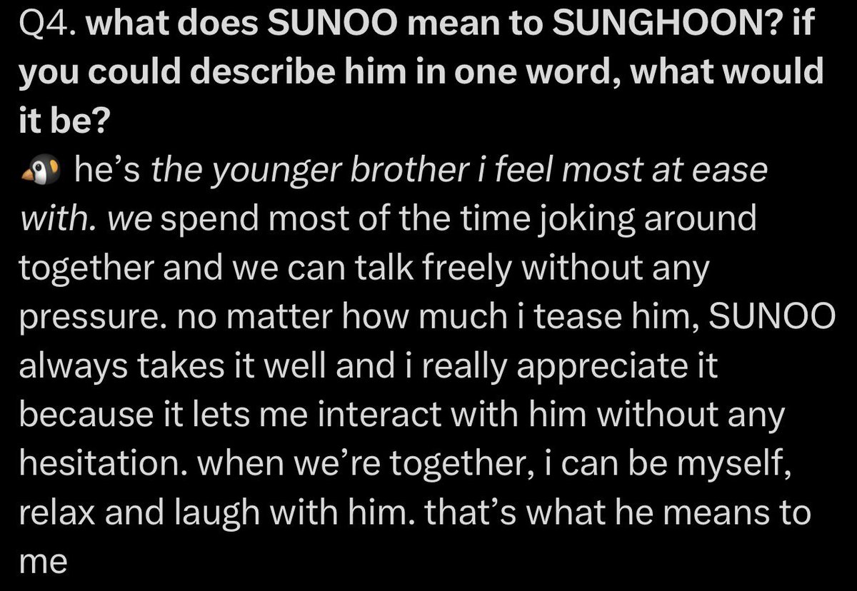 Kungyazlife's tweet photo. Sunghoon to sunoo 🩵

“He’s the younger brother i feel most at ease with”

“When we’re together, I can be myself, relax and laugh with him” 

#SUNGHOON #SUNOO https://t.co/OLNXkJ0bMT