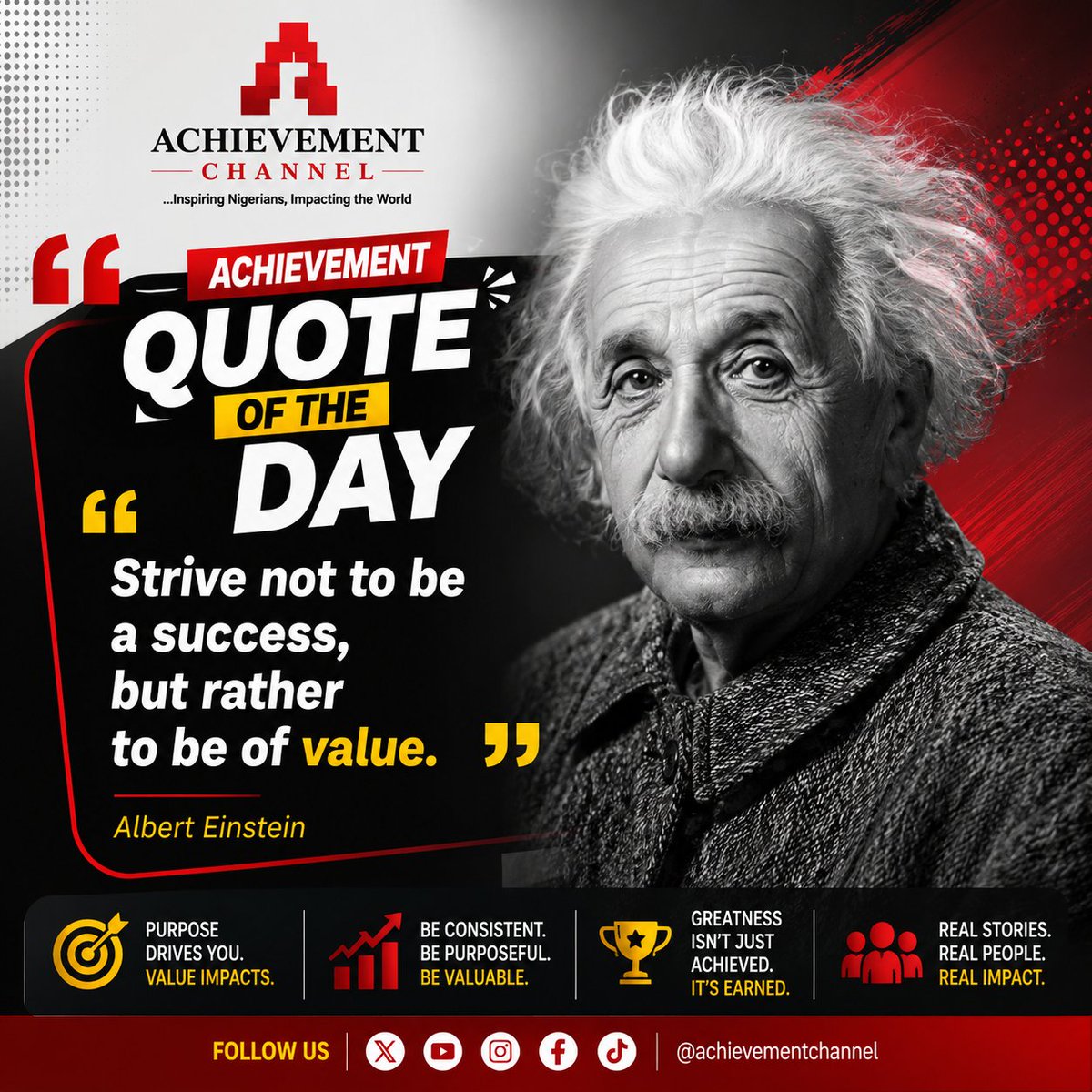 Achievemen25236's tweet photo. Good morning, X!

Here's today's #AchievementQuoteOfTheDay:

"Strive not to be a success, but rather to be of value."

#AchievementChannel #MorningMotivation https://t.co/QrxYYAQIeZ