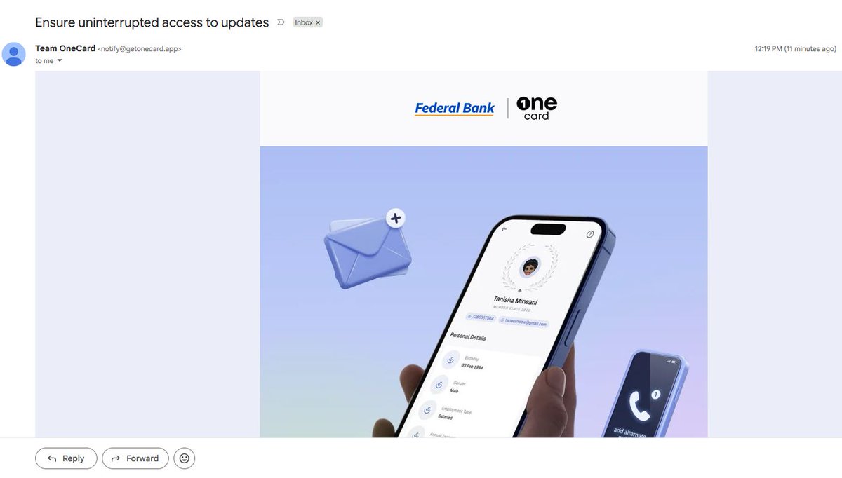 reny4u's tweet photo. "A Secure Communication Backup. ZERO Marketing Spam." — @OneCard_IN 🤡

"Rest assured, your details will never be used for promotional purposes."

While, Inbox is currently begging for mercy under a avalanche of your "0% Convenience Fees", Swiggy discounts, and clearance sales. https://t.co/I829b83TA9