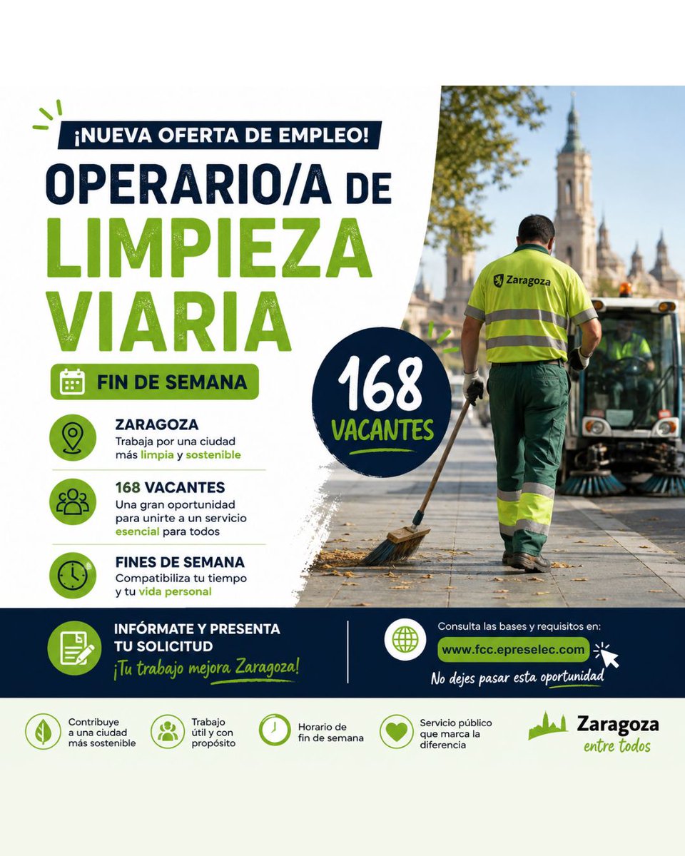 Inaemorienta's tweet photo. 🧹 FCC Medio Ambiente selecciona Operarios/as de Limpieza Viaria para trabajar los fines de semana en Zaragoza
@FCC_Group 
📍 Zaragoza
📅 Jornada de fin de semana
👥 168 vacantes
🌐 https://t.co/bxfZoB050r https://t.co/GMrOEjtN8F