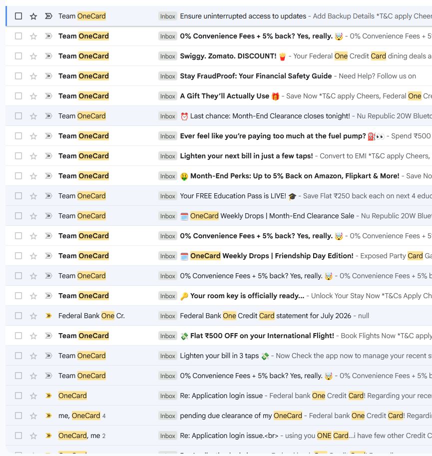 reny4u's tweet photo. "A Secure Communication Backup. ZERO Marketing Spam." — @OneCard_IN 🤡

"Rest assured, your details will never be used for promotional purposes."

While, Inbox is currently begging for mercy under a avalanche of your "0% Convenience Fees", Swiggy discounts, and clearance sales. https://t.co/I829b83TA9