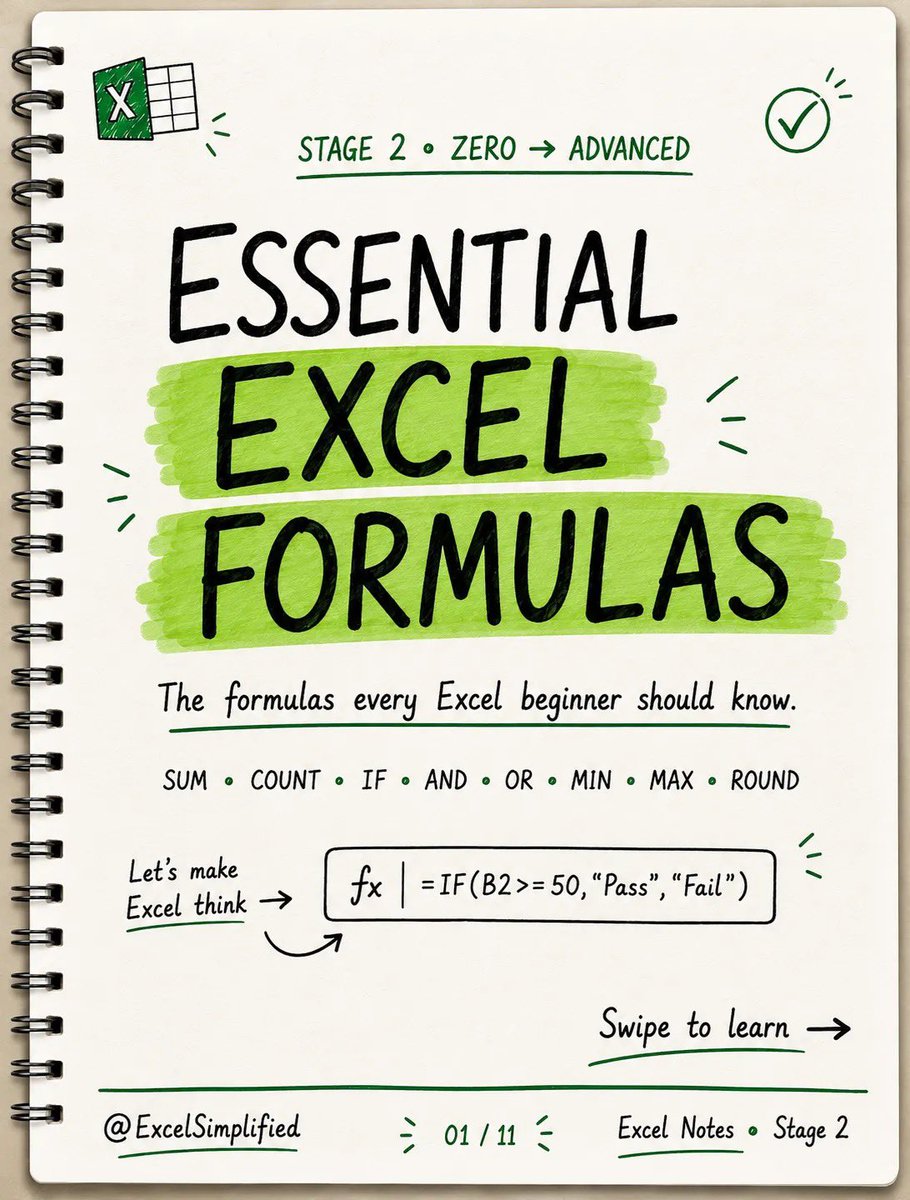 gudanglifehack's tweet photo. If you're learning Excel, save this one. 📌

These are some of the Excel formulas I think every beginner should understand before moving to advanced topics.

SUM, SUMIF, SUMIFS
COUNT, COUNTIF, COUNTIFS
IF, AND, OR
MIN, MAX, AVERAGE
ROUND and more...

Save this thread for your next Excel practice session. 💚￼
