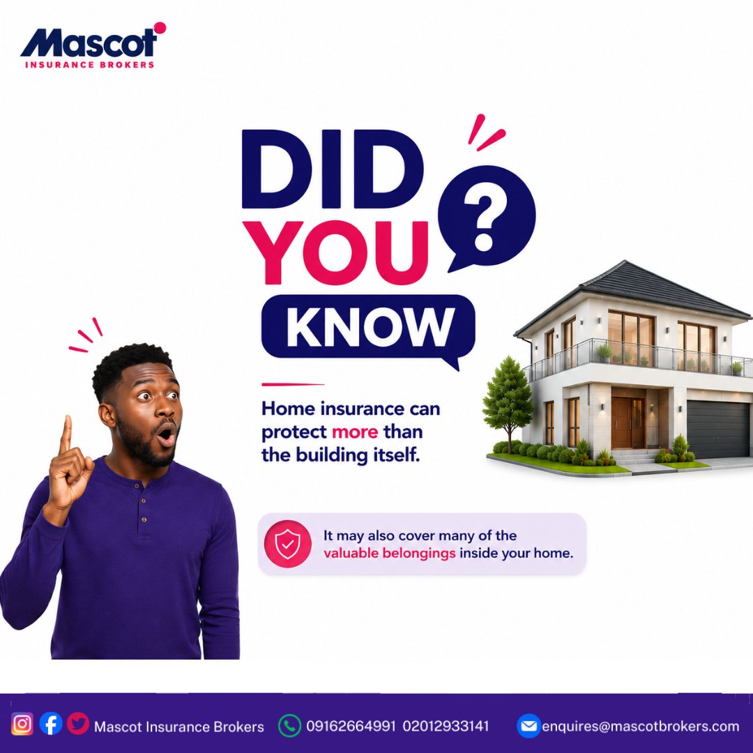 Mascot_brokers's tweet photo. Did you know? Home insurance can protect more than the building itself. Depending on your policy, it may also cover many of the valuable belongings inside your home.
#DoYouKnow #InsuranceFacts #HomeInsurance https://t.co/Fk8VkyGcz0