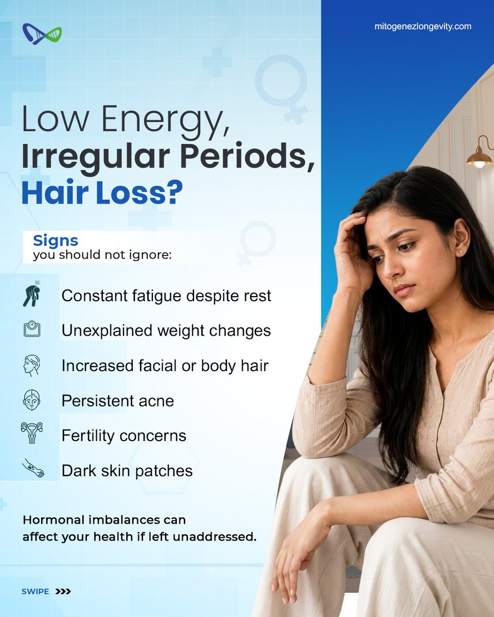 Mitogenez's tweet photo. Irregular periods, hair loss, acne or weight changes can sometimes signal hormonal or metabolic concerns. At Mitogenez, we provide personalised hormone assessments and care. 

Book a consultation: 9056127554 | 9311029111 https://t.co/5BeCaWlacW