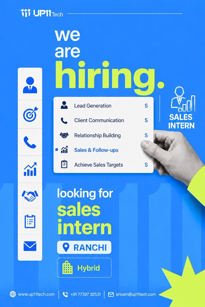 up11tech's tweet photo. 🚀 We're hiring a Sales Intern in Ranchi (Hybrid)!

Gain hands-on experience in lead generation, client communication &amp; sales. Ready to grow your career?

📩 shivam@up11tech.com
📞+91 77397 32531
🌐 https://t.co/yITgcEBdAL
#Hiring #SalesIntern #Ranchi #Internship #Up11Tech #Up11 https://t.co/dVre6tiDRr