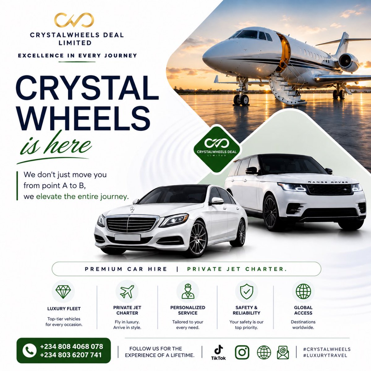 Crystal_Wheels's tweet photo. Crystal Wheels is Here!

We don’t just move you from point A to B — we elevate the entire journey. Whether it’s a fleet of luxury cars for your event or a private jet charter to your next destination, Crystal Wheels is your gateway to a world-class travel experience.

#CrystalWheels 
#LuxuryTravel 
#PrivateJet 
#CarHire 
#PremiumExperience