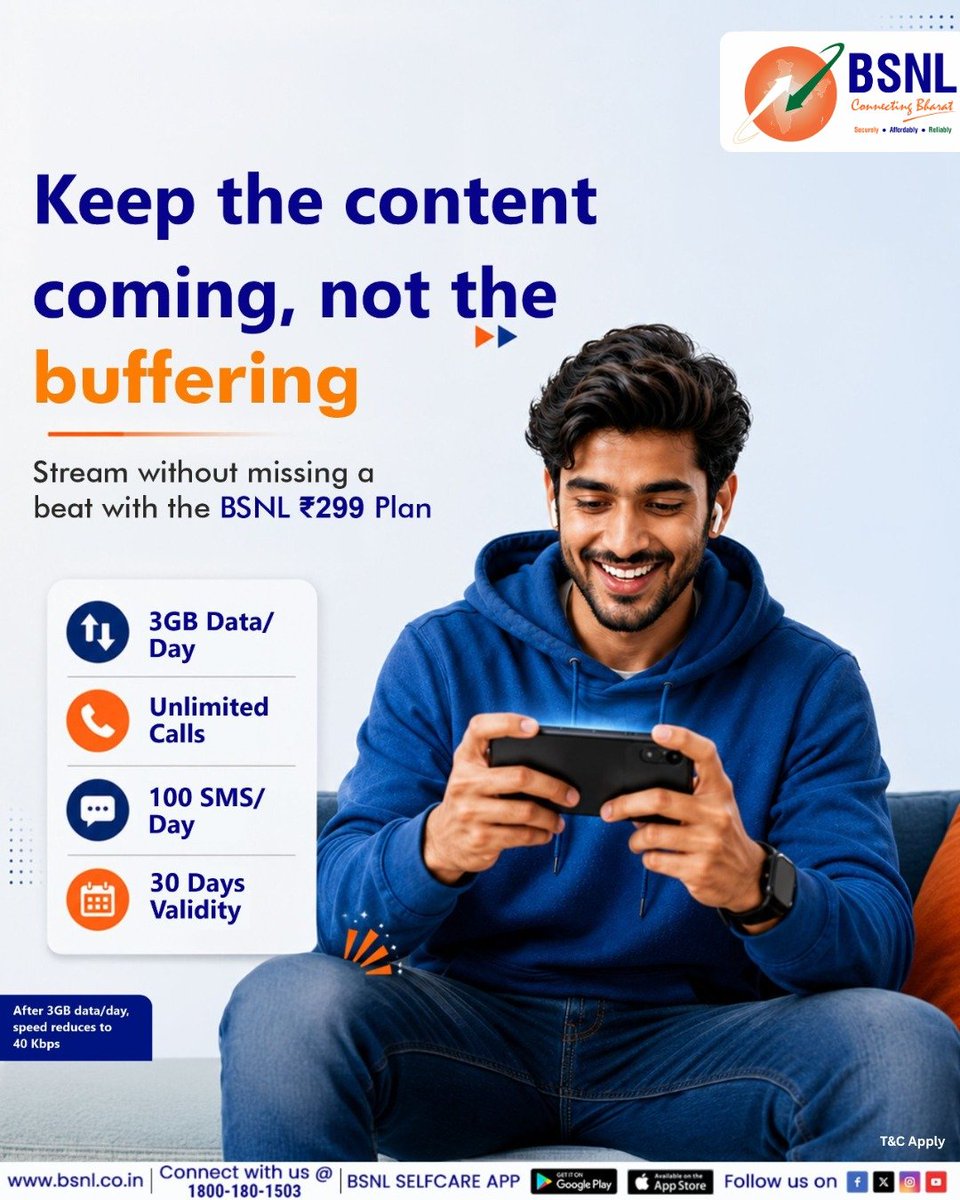 BSNL_GJ's tweet photo. From binge-worthy series to endless reels, keep every moment uninterrupted.
#BSNLIndia #StayConnected #InternetForEveryone #DigitalLife #IndiaOnline #BSNLServices #SmartIndia #EverydayConnectivity #299plan https://t.co/31rhOEdrTy