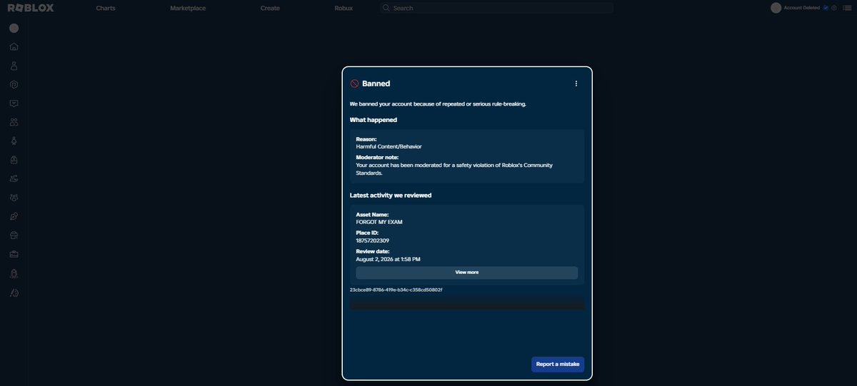 NeroCrafted's tweet photo. I'm still banned its been 22 hours, i didn't even get any human response yet
@Roblox @robloxdevrel 
#robloxban https://t.co/ycB7XOn1KL