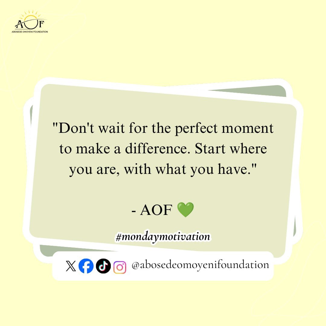 AOFOUNDATION_'s tweet photo. Don't wait for the perfect moment to make a difference. Start where you are, with what you have.

Every act of kindness creates hope and every small step brings us closer to stronger, healthier communities.

How will you make an impact this week? 

#MotivationMonday  #AOF https://t.co/WM9VXxxuZ9