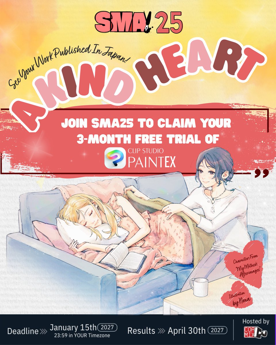 SilentMangaComm's tweet photo. Join SMA25 to claim your 3-month free trial of Clip Studio Paint EX (@clipstudiopaint ), a professional digital drawing software optimized for manga and illustration. Make sure your manga is silent and follows the theme of A Kind Heart ♥ ️!
Good luck ✨ #SMA25 https://t.co/CGfDe1jRpe