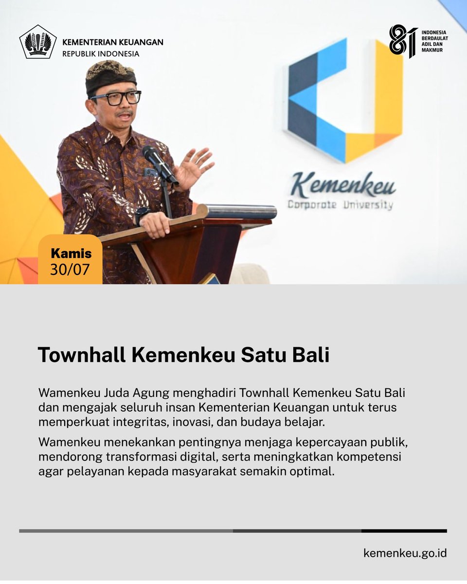 KemenkeuRI's tweet photo. Simak rangkuman agenda Menkeu dan Wamenkeu di #KemenkeuSepekan periode 27 Juli - 2 Agustus 2026 (3/4) https://t.co/2ITGrCPfzu