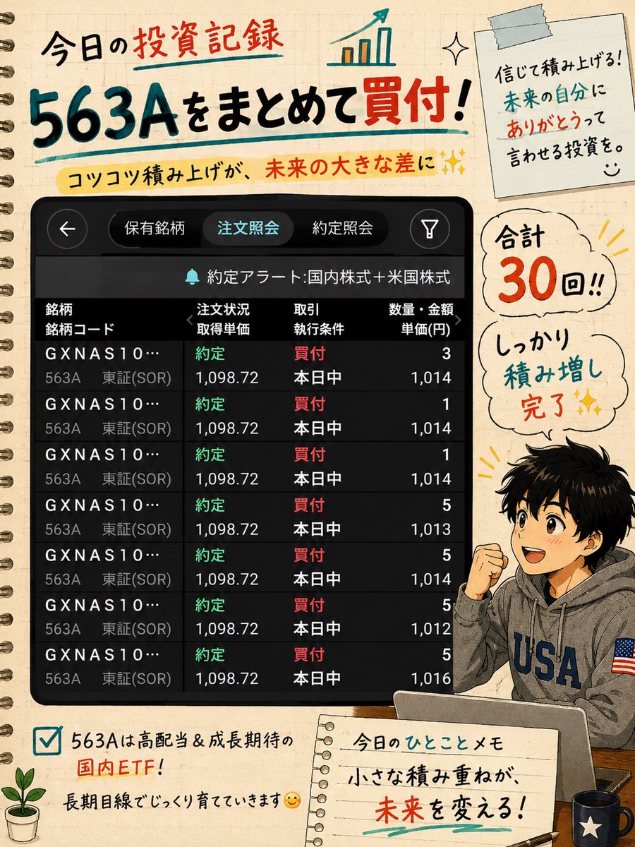 YuruUSIncome's tweet photo. 563Aを買い増し📈

短期の値動きは気にしない。

下がれば拾って、
時間を味方につける。

一気に増やすより、
コツコツ積み上げる方が自分は合っています😊

数年後に「あの時買ってよかった」と思えたら十分。

みなさんなら
このタイミングで563Aを買い増ししますか？

#563A #ETF #NASDAQ100 #投資 https://t.co/ptZ9Wd0XaN