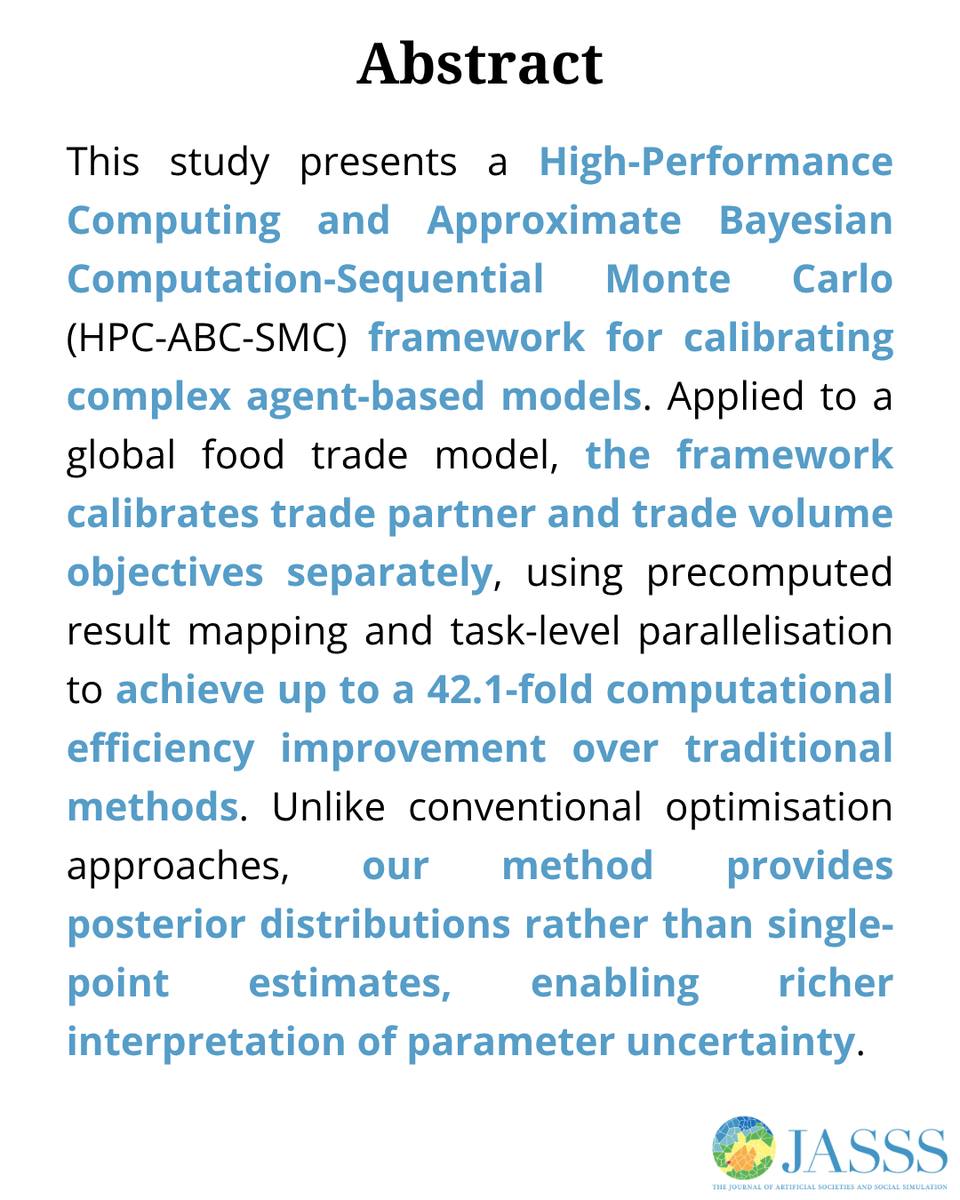 JASSSJournal's tweet photo. Single-point estimates are not enough for complex #ABM calibration. A new framework delivers full #BayesianComputation posterior distributions with a 42-fold efficiency gain, applied to a global #FoodTrade model. 

Read the full #OA article in #JASSS: https://t.co/rtPCTuTaVM https://t.co/Pp0oekTM9u