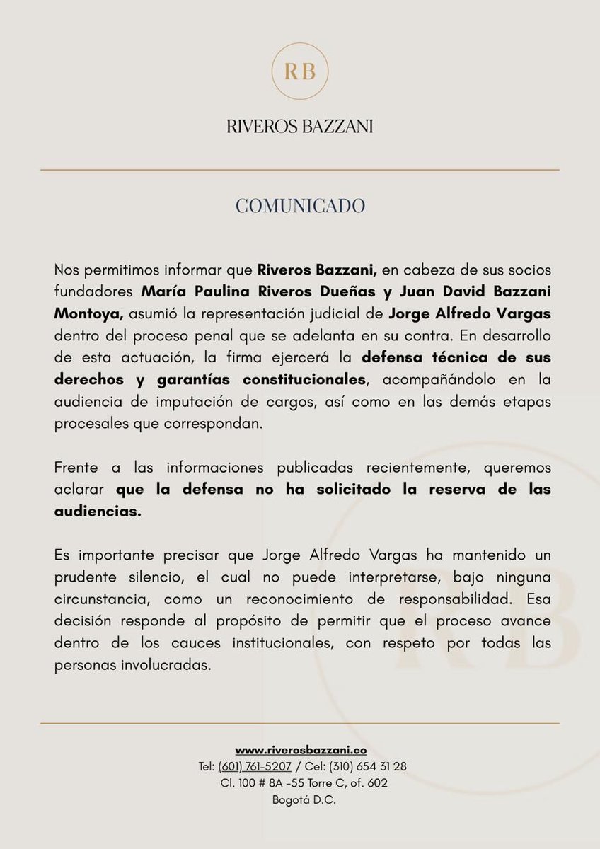 RiverosBazzani's tweet photo. Comunicado: Riveros Bazzani asume la representación judicial de Jorge Alfredo Vargas @JorgeAVargasA https://t.co/YhszsdoT7z