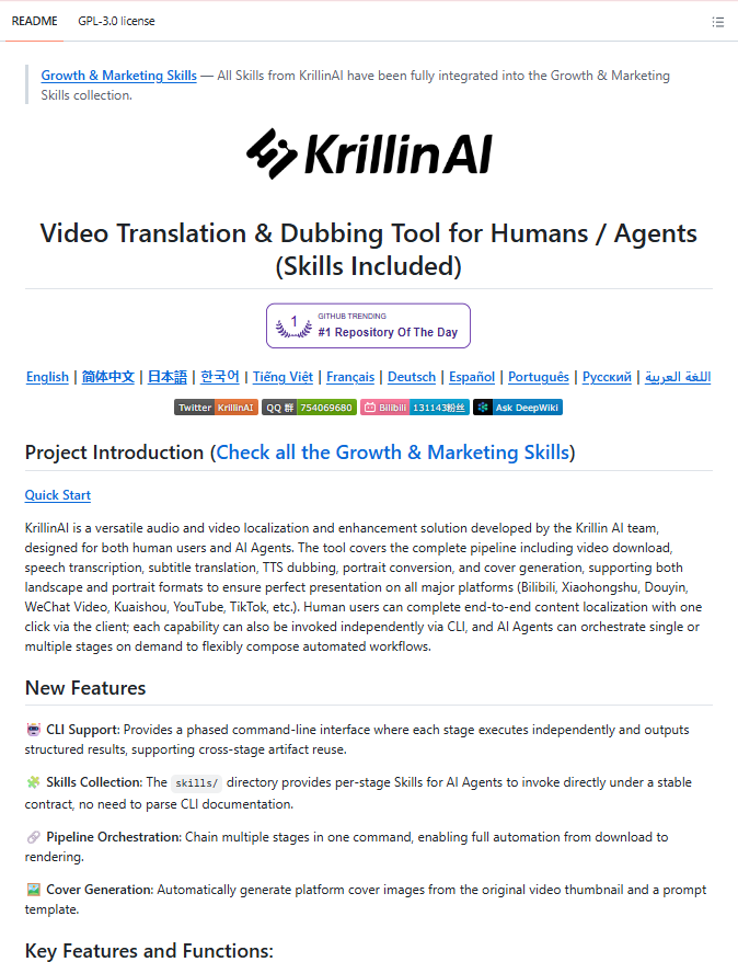 Shruti_0810's tweet photo. AI just killed another $500/month software stack.

This open-source tool translates and dubs videos into 100+ languages with:

• AI voice cloning
• Auto subtitle syncing
• One-click localization
• TikTok, YouTube & Douyin support
• CLI + AI agent automation

The craziest part?

It's completely open source.

🔗https://t.co/qgThWvcEpz