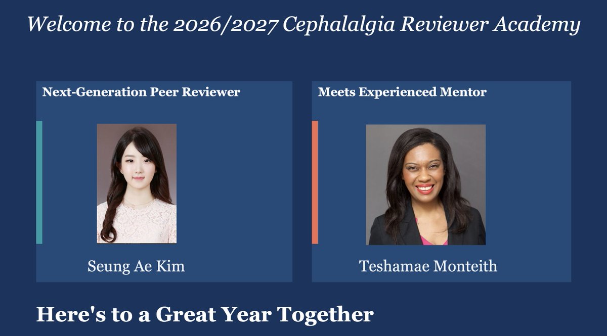 ihs_official's tweet photo. 🌟 Mentor Spotlight | Cephalalgia Reviewer Academy 2026–2027

We are delighted to introduce another mentor–mentee pair from the 2026–2027 Cephalalgia Reviewer Academy.

👩‍🎓 Fellow: Seung Ae Kim
👩‍🏫 Mentor: Teshamae Monteith

Through the Cephalalgia Reviewer Academy, Fellows receive personalised mentorship from internationally recognised experts in headache medicine and research. Over the coming year, Seung Ae will work closely with Teshamae, gaining hands-on experience in peer review through structured training, supervised reviews, and constructive feedback.

We are excited to see this mentorship develop and look forward to following their journey as they contribute to the future of high-quality scientific publishing in headache research.

Please join us in welcoming Seung Ae and thanking Teshamae for supporting the next generation of peer reviewers.

#Cephalalgia #CephalalgiaReports #ReviewerAcademy #PeerReview #Mentorship #HeadacheResearch #Neurology #ScientificPublishing #MedicalEducation #ResearchIntegrity