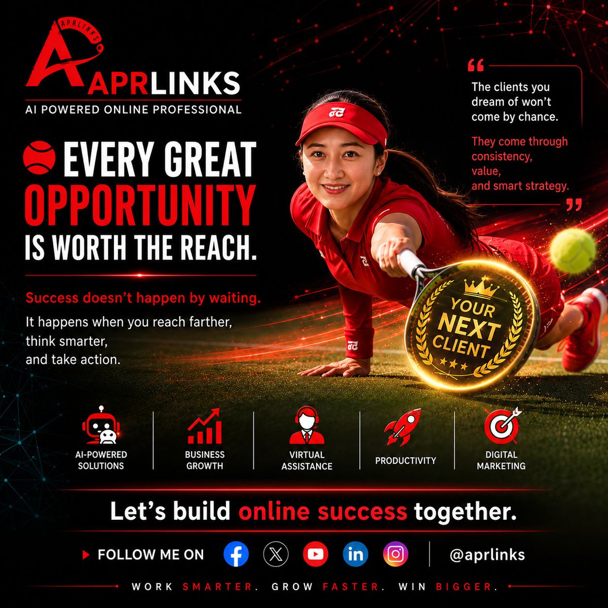 aprLinks's tweet photo. 𝐄𝐯𝐞𝐫𝐲 𝐆𝐫𝐞𝐚𝐭 𝐎𝐩𝐩𝐨𝐫𝐭𝐮𝐧𝐢𝐭𝐲 𝐢𝐬 𝐖𝐨𝐫𝐭𝐡 𝐭𝐡𝐞 𝐑𝐞𝐚𝐜𝐡.😊 🎾 

#aprlinks #opportunity #freelancer https://t.co/QuCPnvxp9b