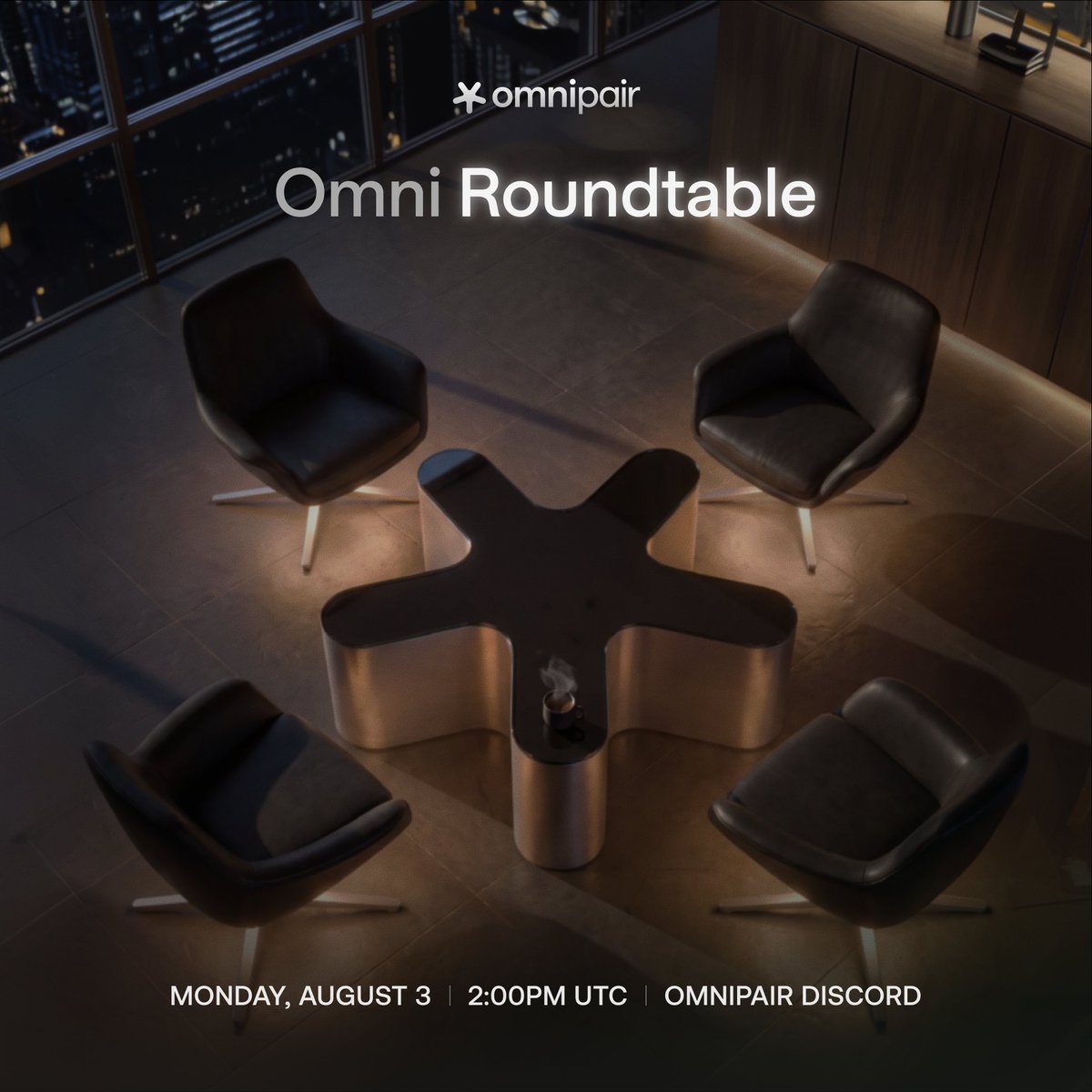 omnipair's tweet photo. TODAY: The first Omni Roundtable. 🎙️

Join the team live in Discord for an early look at Dusk (v2) and how it redefines DeFi markets, plus product talk, community feedback and special guests from the ecosystem.

10AM ET / 2PM UTC 🗓️

See you in the Omnipair Discord. https://t.co/FQpupeMIg3