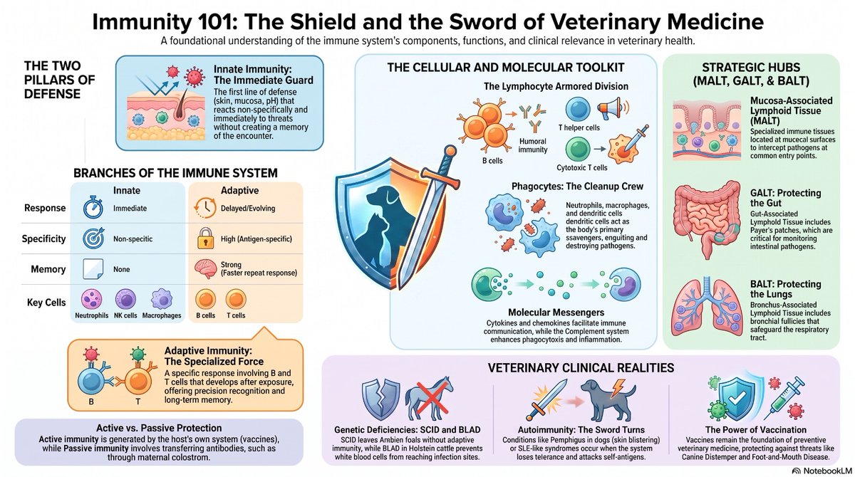 drmmks's tweet photo. 🛡️ Immunity is the foundation of animal health. This infographic explains innate &amp; adaptive immunity, key immune cells, mucosal immunity (MALT, GALT &amp; BALT), and their clinical importance in veterinary medicine. 🔬 #VeterinaryImmunology #VetMed #SciWhizMicrobiology https://t.co/IO1nGZ70lR