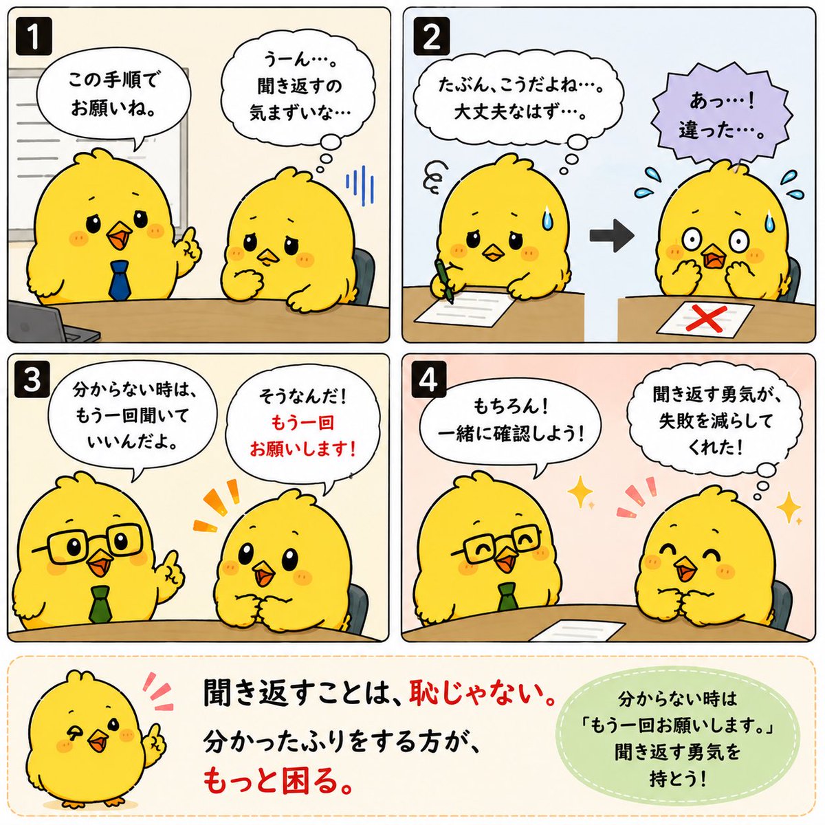 Wawawa749's tweet photo. 分からないのに、「分かったふり」をしていませんか？

昔の僕は、聞き返すのが恥ずかしくて、そのまま仕事を進めていました。

でも、一番恥ずかしかったのは、その後のミスでした。

「もう一回お願いします。」

その一言が、失敗を減らしてくれます。 https://t.co/7IUlwfKTdB
