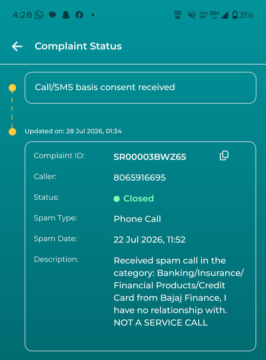 jalaj's tweet photo. @TRAI @Bajaj_Finance @JioCare This is to bring to the notice of @TRAI that @Bajaj_Finance which spams heavily is circumventing complaints with wrong replies like sms consent received. Complaints raised to @jiocare got closed despite specifically mentioning that I have not relationship with them (service call) https://t.co/9maHiES494