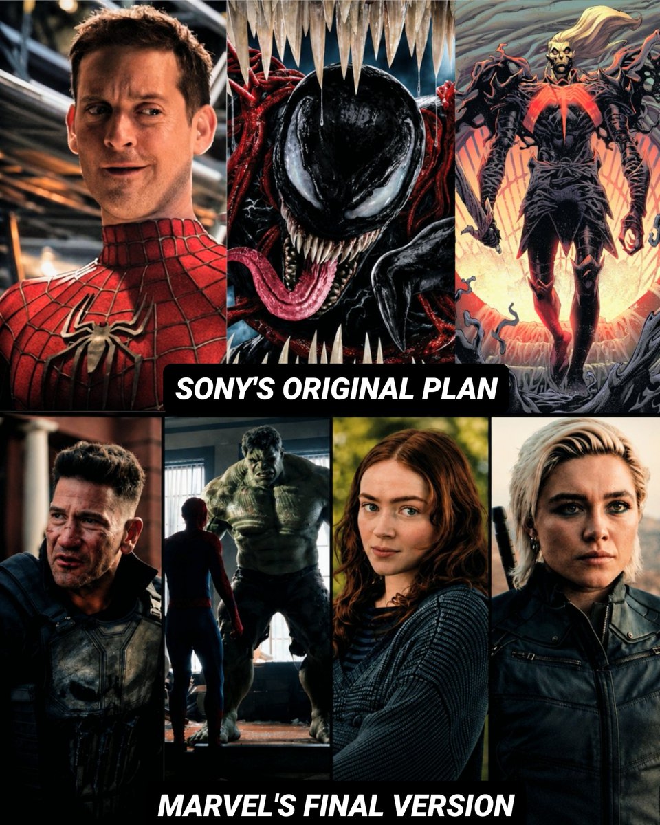 Marvel_Insights's tweet photo. Sony's Original Plan For 'Spider-Man: Brand New Day' Was Completely Different.

According to reports, Sony and Marvel Studios had very different plans for Spider-Man: Brand New Day.

Sony's original plan:

• Peter Parker would bond with the Venom symbiote left behind in the MCU.
• Knull would be the main villain.
• Multiple symbiotes would appear.
• Tobey Maguire and Andrew Garfield would return.
• Vulture would return after Morbius.
• Peter would wear the black suit.
• The story would connect both the MCU and Sony's Spider-Man Universe.

Marvel Studios' plan:

• A grounded, street-level story focused on Peter after No Way Home.
• Peter dealing with the loss of Aunt May, MJ and Ned.
• Street-level villains.
• New characters that would help shape the future of the MCU.

The final result:

• Marvel Studios' vision reportedly won.
• Destin Daniel Cretton took over as director.
• Sony dropped its multiverse-heavy story.
• However, Sony reportedly requested the movie include an Avenger, an X-Men character and a Marvel TV character.

That's why Brand New Day reportedly became a mix of both ideas, featuring Hulk, Jean Grey and Punisher while still telling a mostly street-level Spider-Man story.