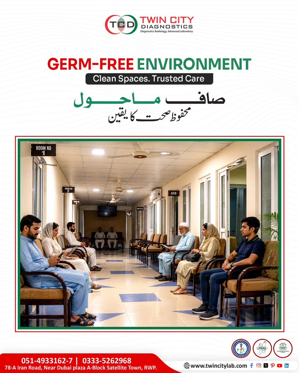 TCDRwp's tweet photo. A hygienic and germ-controlled environment is essential for quality healthcare
#TwinCityDiagnostics #PatientSafety #GermFreeEnvironment #CleanHealthcare #DiagnosticCenter #HealthcarePakistan #Rawalpindi #InfectionControl #SafeHealthcare #MedicalCare #TrustedDiagnostics https://t.co/WI2urDuTdE