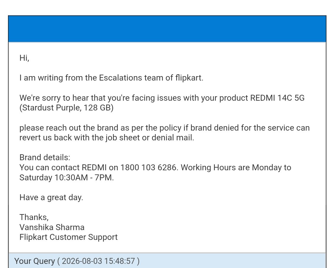Ajaychangra2's tweet photo. @flipkartsupport See the attach, Flipkart has been asking for a job sheet/denial letter since Day 1. Xiaomi says a job sheet can't be generated because the IMEl is an international variant and isn't registered in the Indian system,and they don't issue denial letters.Stop the runaround. #Fraud https://t.co/oMuhBMEzWO