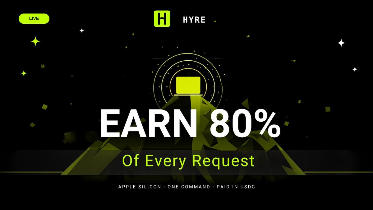 Hyre_agent's tweet photo. Your Mac can earn while you sleep.

One curl line turns any Apple Silicon Mac into a HYRE node.

→ Serve open-weight models to agents that actually pay
→ Earn 80% of every metered request, in USDC
→ No GPU rental, no datacenter, no config file

The grid pays operators, not hyperscalers.